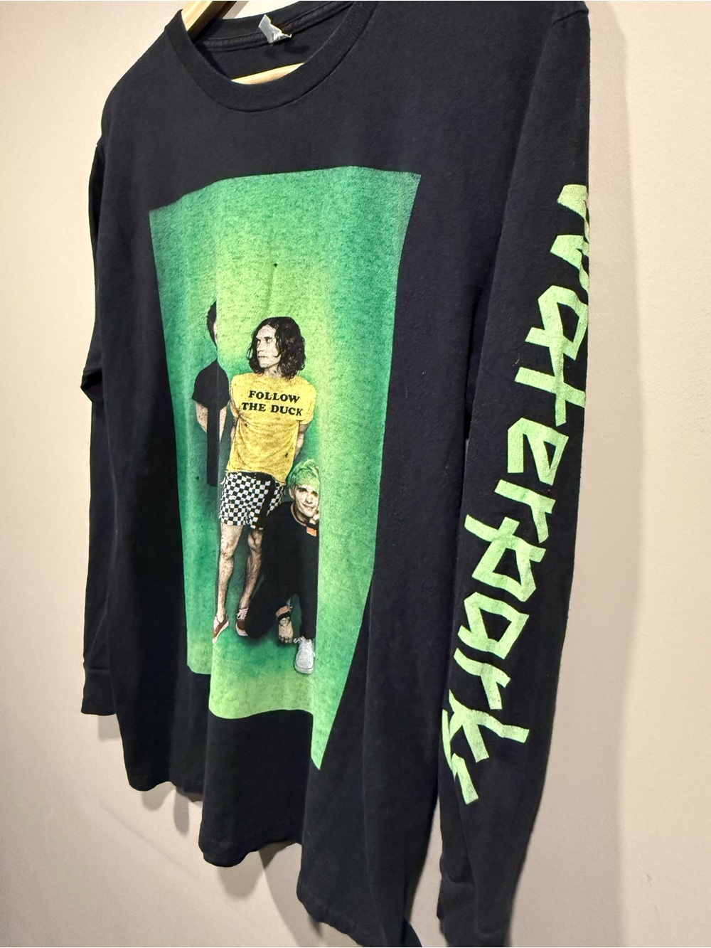 Waterpark rock band Black Long-Sleeve Graphic Tee with Green Print & arm script image 3